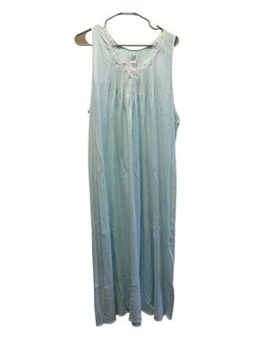 Aria Light Aqua Sleeveless Lace-Trim Long Chemise Pima Cotton Nightgown Read ⬇️